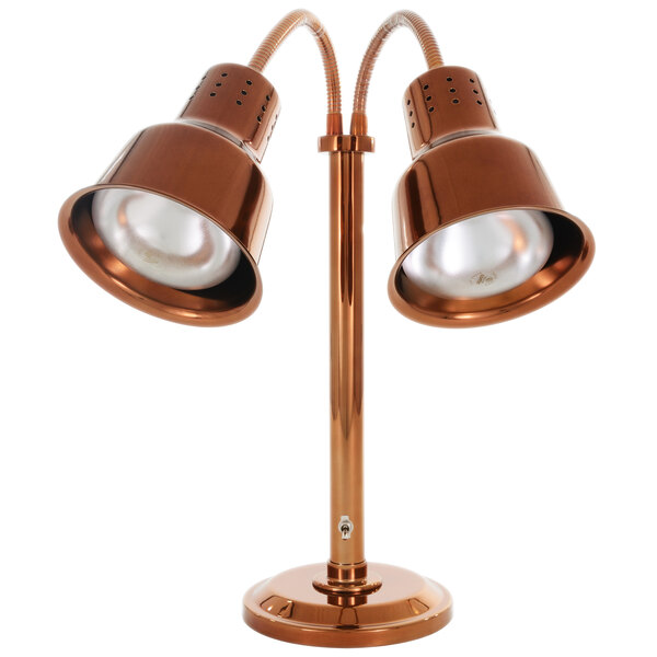 A Hanson Heat Lamps freestanding lamp with two flexible lamps with smoked copper bases.