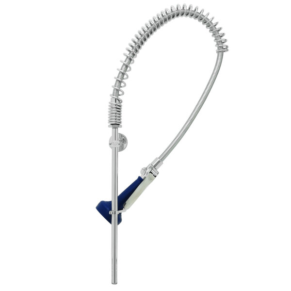 A T&S pre-rinse faucet assembly with a silver flexible pipe and blue and white handles.