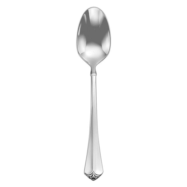 A silver Oneida Juilliard coffee spoon with a black handle.