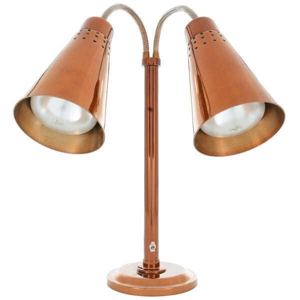 A Hanson Heat Lamps freestanding lamp with smoked copper finish and two bulbs.