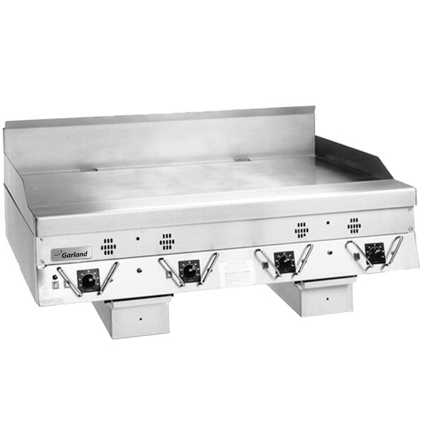 A stainless steel Garland Master Series liquid propane griddle with thermostatic controls and rear drain.