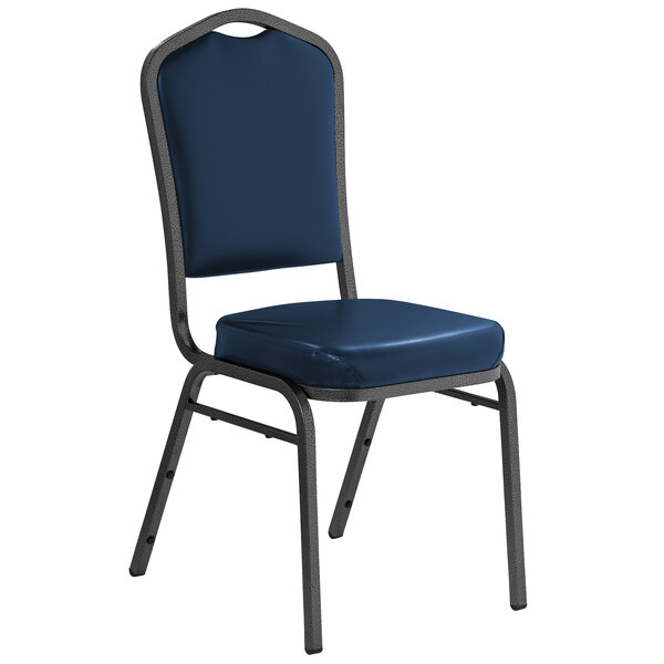 A National Public Seating midnight blue banquet chair with a metal frame.