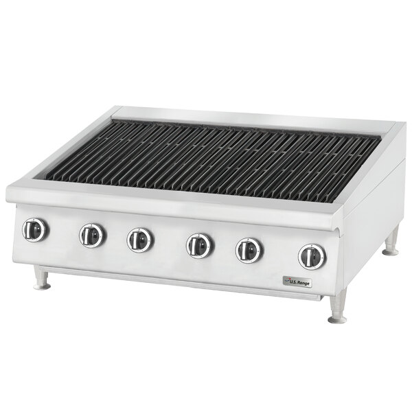 A U.S. Range stainless steel natural gas charbroiler with fixed grates on a counter.
