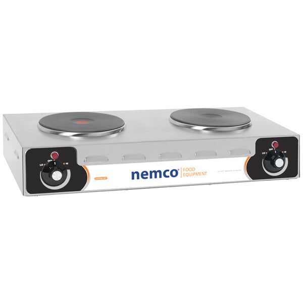 A Nemco electric countertop stove with two solid burners.