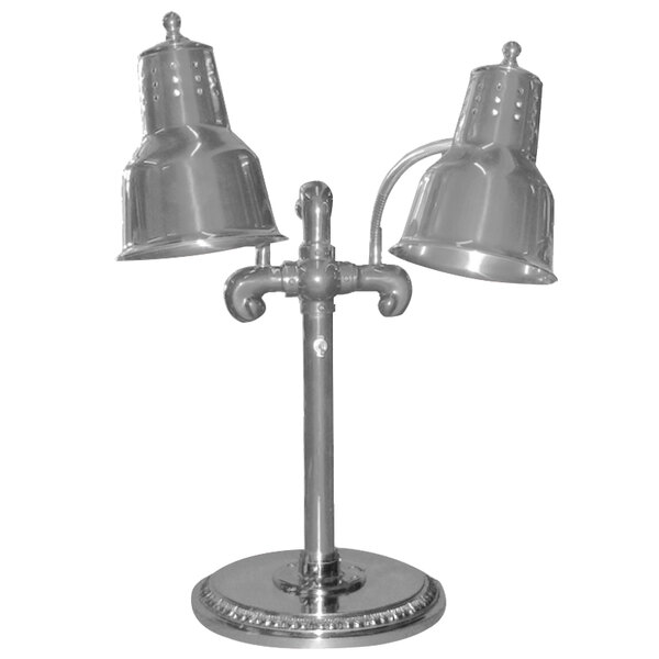 A silver Hanson Heat Lamps freestanding dual bulb heat lamp.