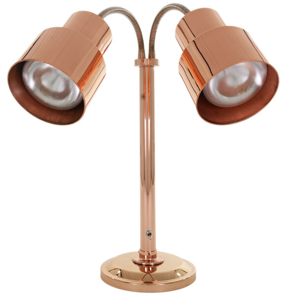 A Hanson Heat Lamp with two bright copper lamps on a stand.