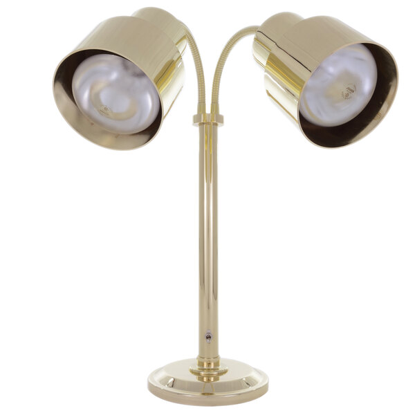 A brass Hanson Heat Lamp with two bulbs on a flexible stand.