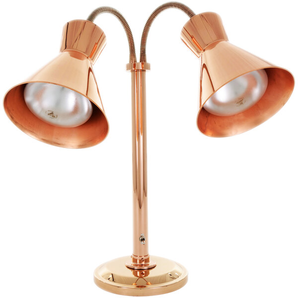 A Hanson Heat Lamps bright copper freestanding lamp with two bulbs.