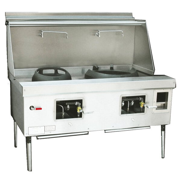 A large stainless steel Town York Two Chamber Liquid Propane Wok Range on a counter.