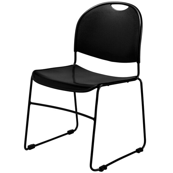 A National Public Seating black plastic stackable chair with a black metal frame.