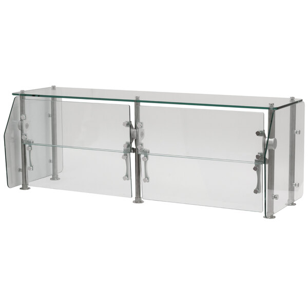 An Advance Tabco metal and glass food shield over a glass shelf with a metal frame.