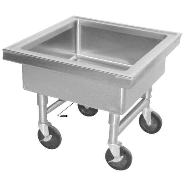 A stainless steel Advance Tabco mobile sink with wheels.