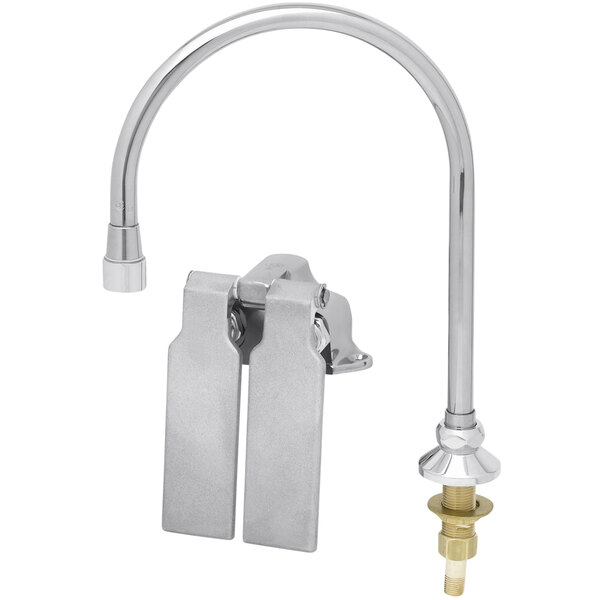 A T&S chrome deck mounted faucet with knee valves and a gooseneck nozzle.