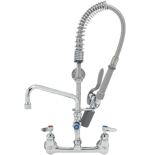 A chrome T&S pre-rinse faucet with a silver hose attached.
