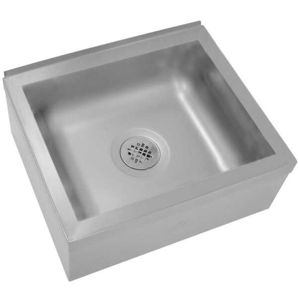 A stainless steel Advance Tabco floor mounted mop sink with a drain.