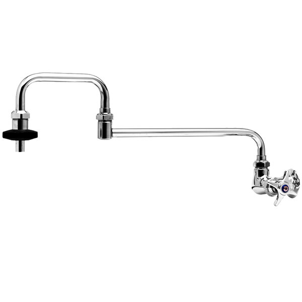 A T&S chrome wall mounted pot filler faucet with a double-jointed nozzle and lever handle.