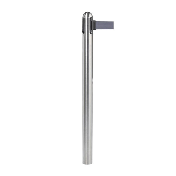 An American Metalcraft stainless steel crowd control stanchion post with a gray retractable belt.