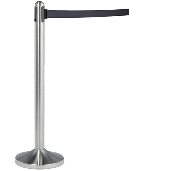 An American Metalcraft brushed stainless steel crowd control stanchion with a black retractable belt.