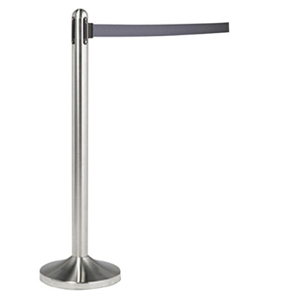 An American Metalcraft brushed stainless steel stanchion pole with a gray retractable belt on a silver pole.