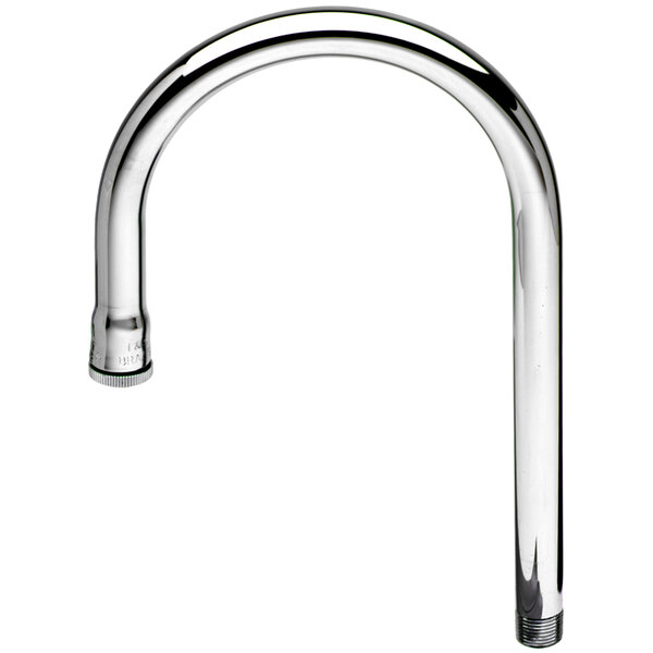 A chrome T&S faucet nozzle with a rigid gooseneck.