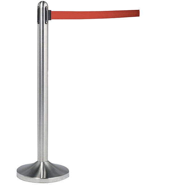 An American Metalcraft brushed stainless steel crowd control stanchion with a red retractable tape.