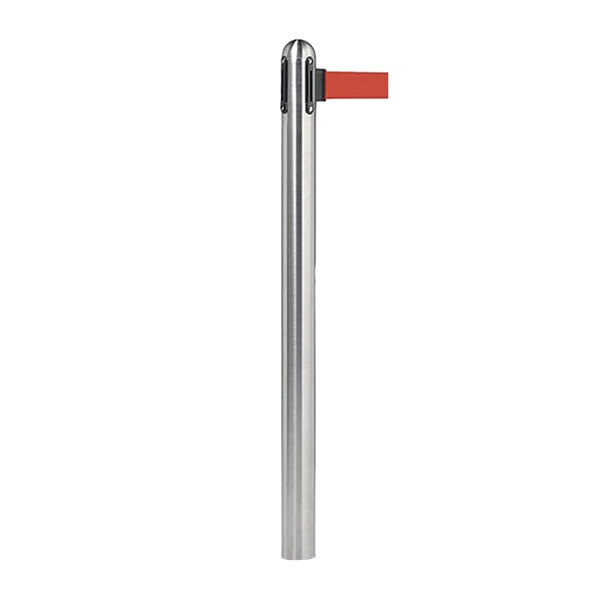 An American Metalcraft brushed stainless steel crowd control stanchion pole with a red retractable belt.