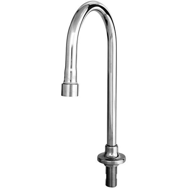 A chrome T&S deck-mounted faucet with a swivel gooseneck nozzle.
