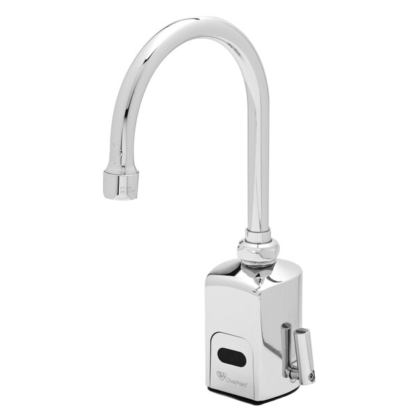 A silver T&S hands-free faucet with a curved neck and a single handle above it.