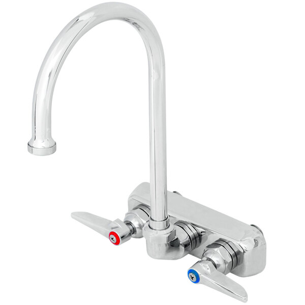 A chrome T&S wall mounted faucet with two lever handles.