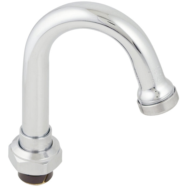 A silver faucet nozzle with a black knob.