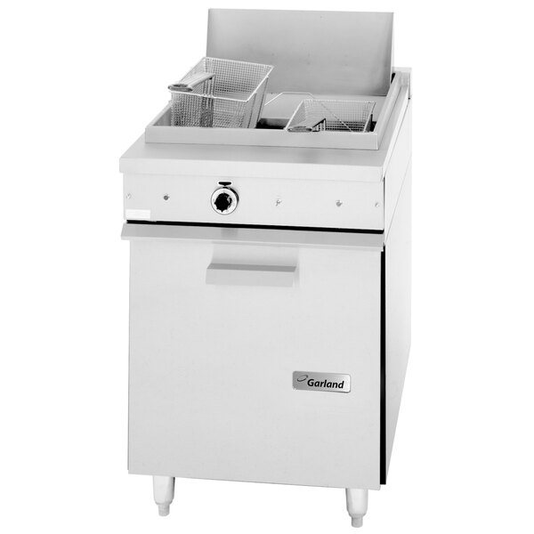 A white Garland electric floor fryer with a black lid.