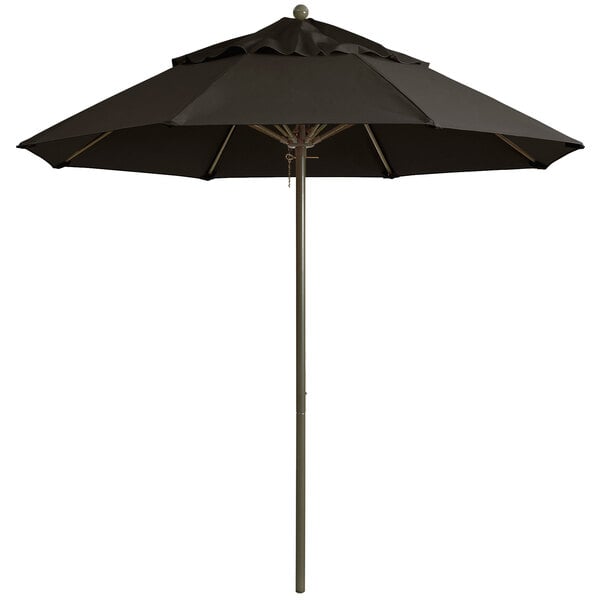 A charcoal gray Grosfillex Windmaster umbrella with an aluminum pole.