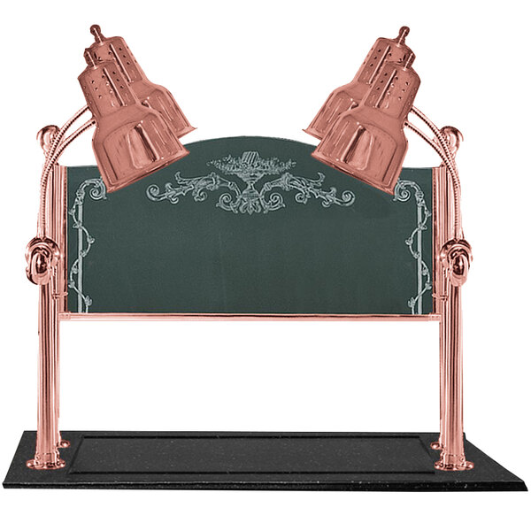 A black board with two copper Hanson Heat Lamps over a bright copper carving station.