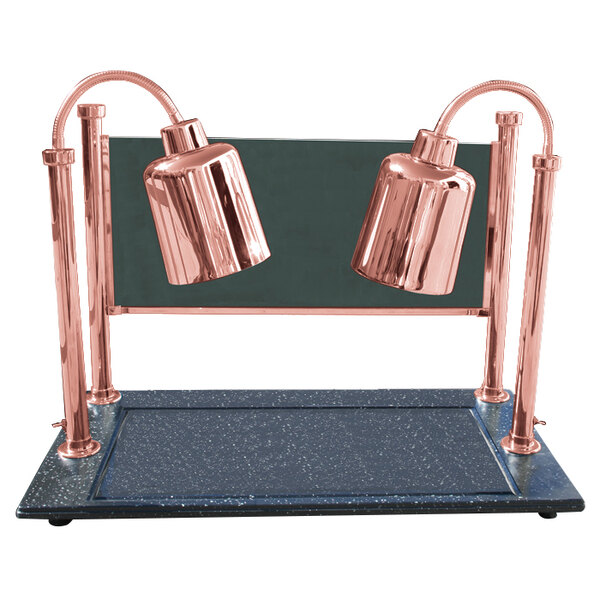 A Hanson bright copper carving station with two copper lamps over a black synthetic granite base.