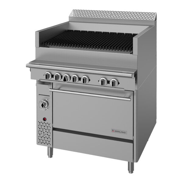 A stainless steel Garland range with a charbroiler and convection oven.