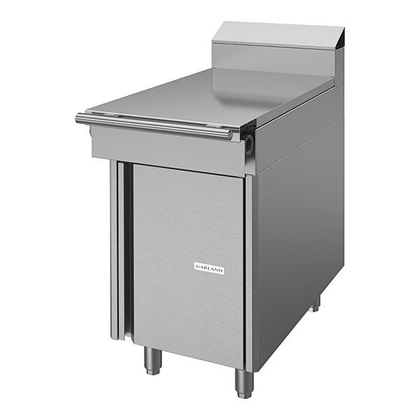 A stainless steel U. S. Range Cuisine Series plate spreader drawer on a stainless steel counter.