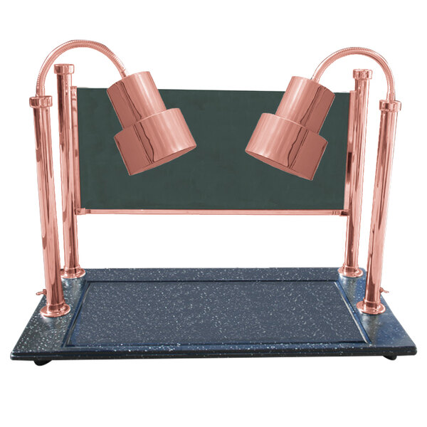 A Hanson Bright Copper dual lamp carving station on a black surface.