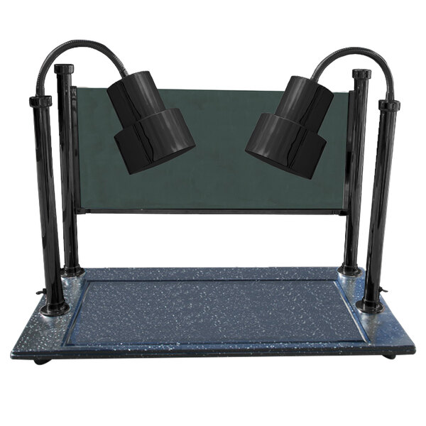 A black Hanson Heat Lamps carving station with two lamps over a blue surface.