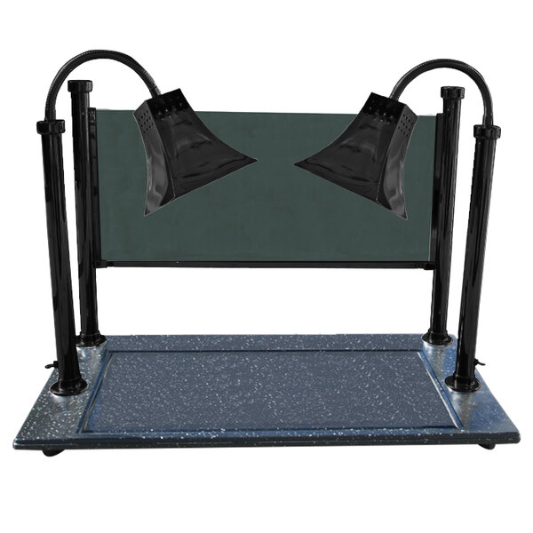 A black Hanson Heat Lamps carving station with two black lamps over a blue and black surface.