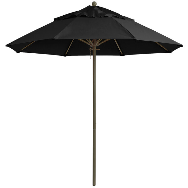 A black Grosfillex Windmaster umbrella on an aluminum pole.