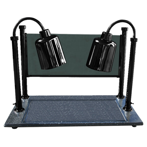 A black Hanson Heat Lamp carving station with two black shades on a grey surface.