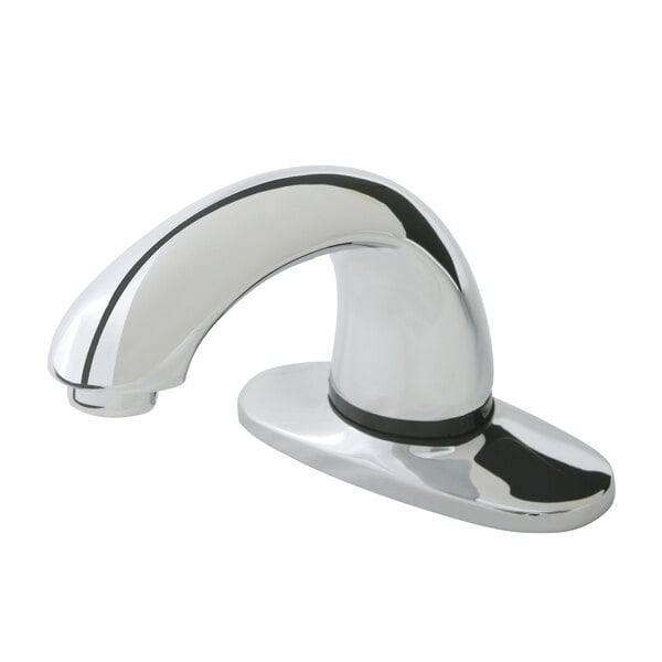 A close-up of a chrome Rubbermaid Milano hands-free sensor faucet with a black handle.