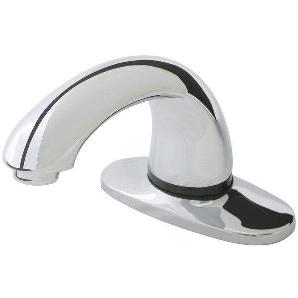 A close-up of a Rubbermaid Milano chrome hands-free sensor faucet with a black handle.