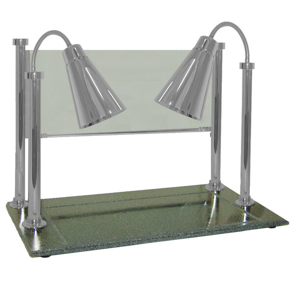 A stainless steel Hanson Heat Lamp carving station with glass sneeze guards over a synthetic granite base.