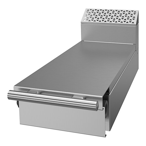 A U.S. Range stainless steel counter top with a drawer for plates.