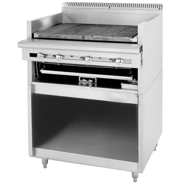 A stainless steel Garland Cuisine Series liquid propane charbroiler with a lid open.