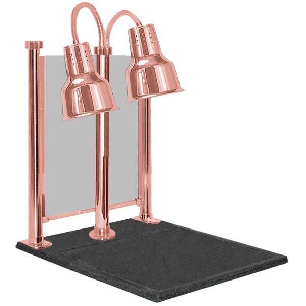 A Hanson Heat Lamps bright copper carving station with black posts.