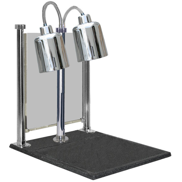 A silver Hanson Heat Lamp carving station with two shades.