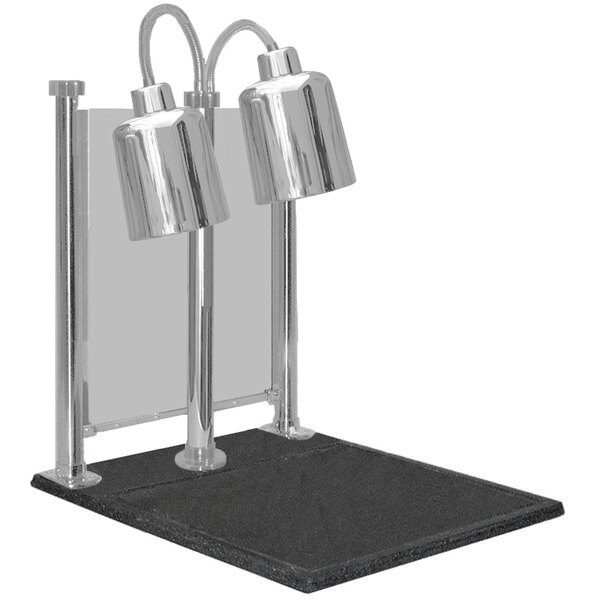 A stainless steel carving station with two Hanson Heat Lamps.
