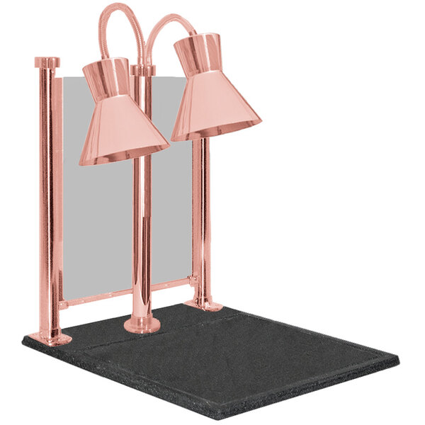 A Hanson Heat Lamps bright copper carving station with black posts and a black sneeze guard.